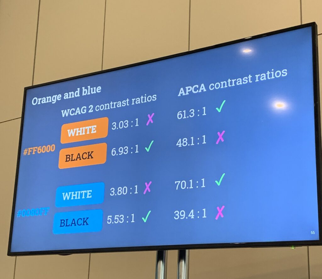 Image showing orange and blue contrast ratios in WCAG 2 and APCA