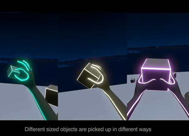 Image showing different sized objects are picked up in different ways (pinching for small box, one hand for medium box, two hands for larger box)