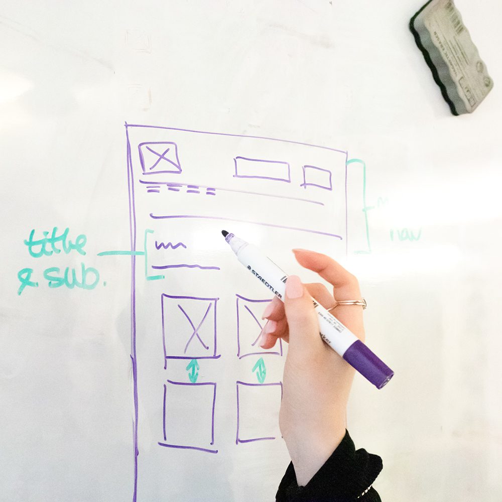 A hand drawing a low fidelity wireframe on a whiteboard.
