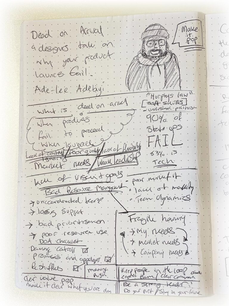 My sketchnote of Ade-Lee Adebiyi's talk: Dead on arrival - a designers take on why your product launches fail.