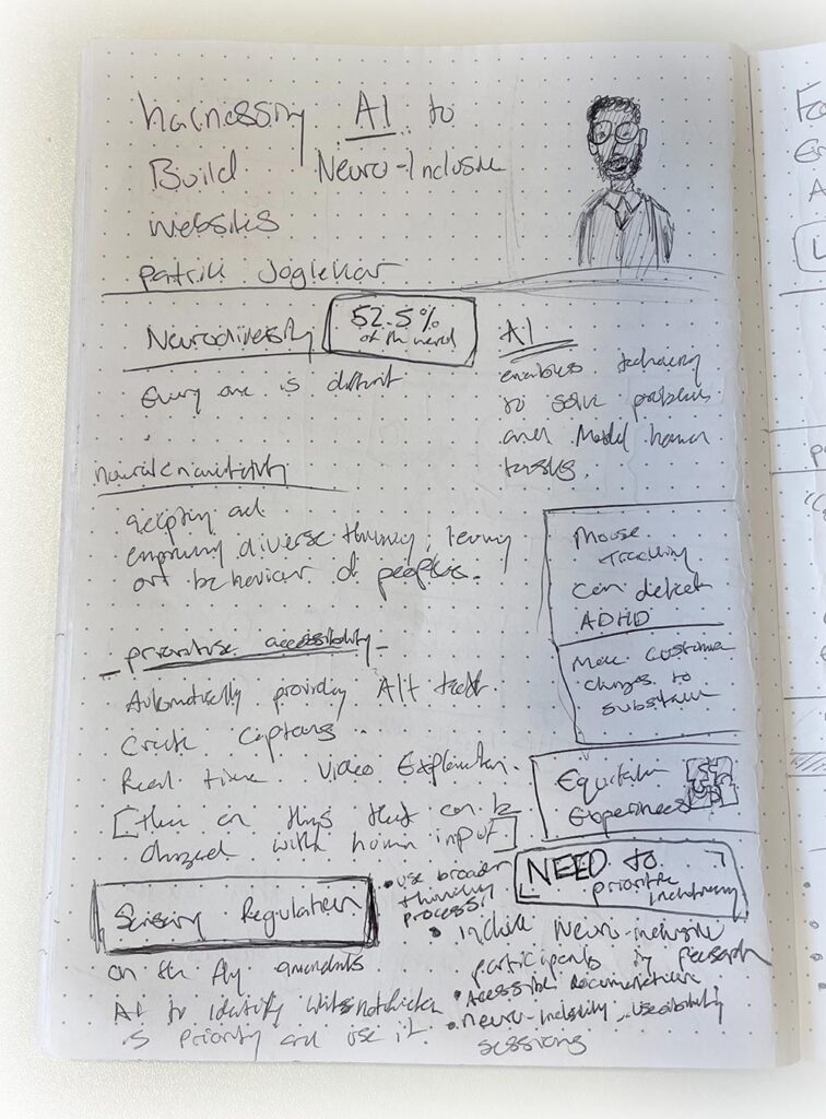 My sketchnote of Pratik Joglekar's talk: Harnessing AI to build neuro-inclusive websites