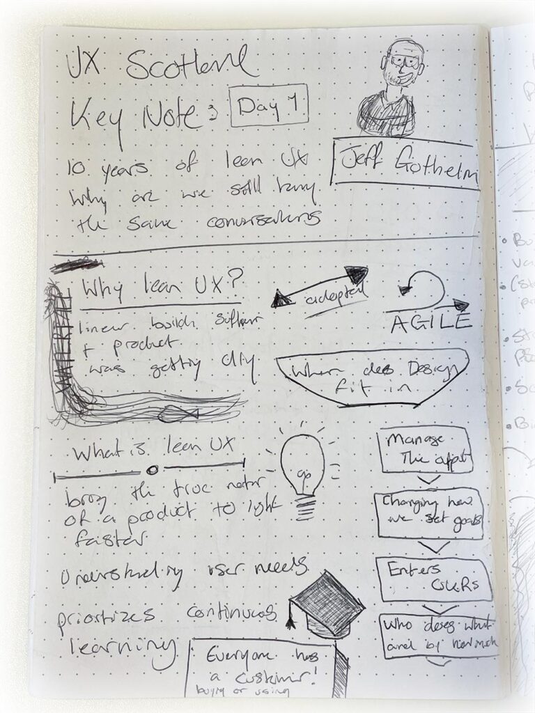 My sketchnote of Jeff Gothelf's key note: 10 Years of Lean UX, why are we still having the same conversations.