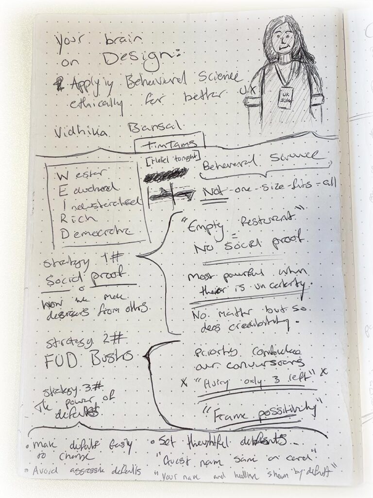 My sketchnote of Vidhika Bansal's talk: Your brain on design - applying behavioual science ethically for better ux