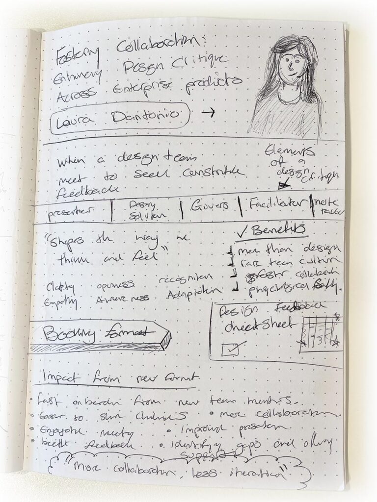 My sketchnote of Laura Dantonio's talk: Forestry collaboration - enhancing design critique across enterprise products.