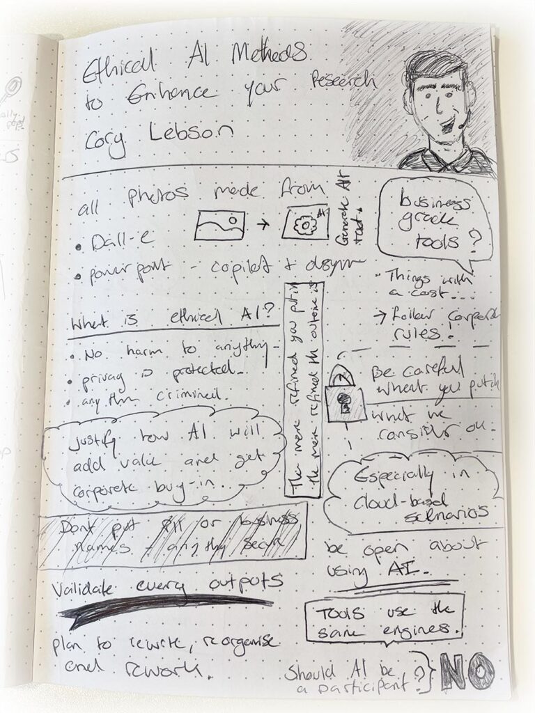 My sketchnote of Cory Lebson's talk: Ethical AI methods to enhance your research.