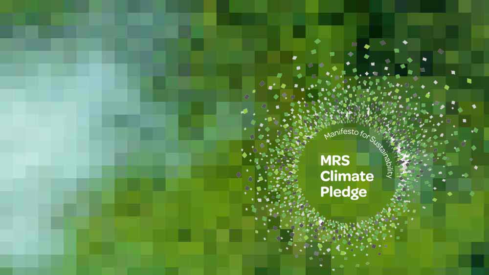 Mosaic pixel effect on an image of forest tree tops with the MRS Climate Pledge logo