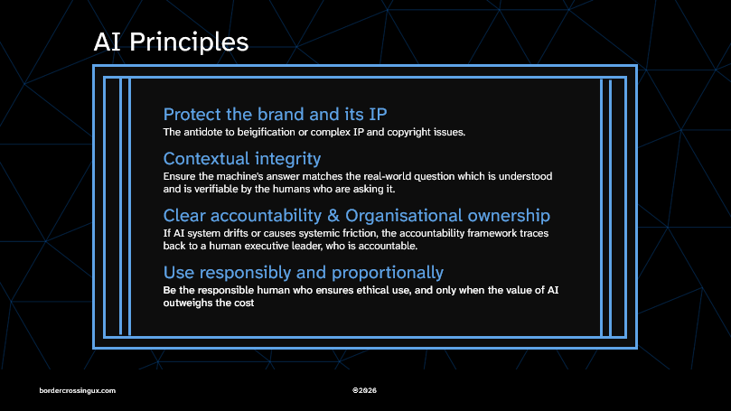 Example AI Principles: Protect the brand and its IP: The antidote to beigification or complex IP and copyright issues.
Contextual integrity: Ensure the machine's answer matches the real-world question which is understood and is verifiable by the humans who are asking it. 
Clear accountability & Organisational ownership: If AI system drifts or causes systemic friction, the accountability framework traces back to a human executive leader, who is accountable.
Use responsibly and proportionally: Be the responsible human who ensures ethical use, and only when the value of AI outweighs the cost
